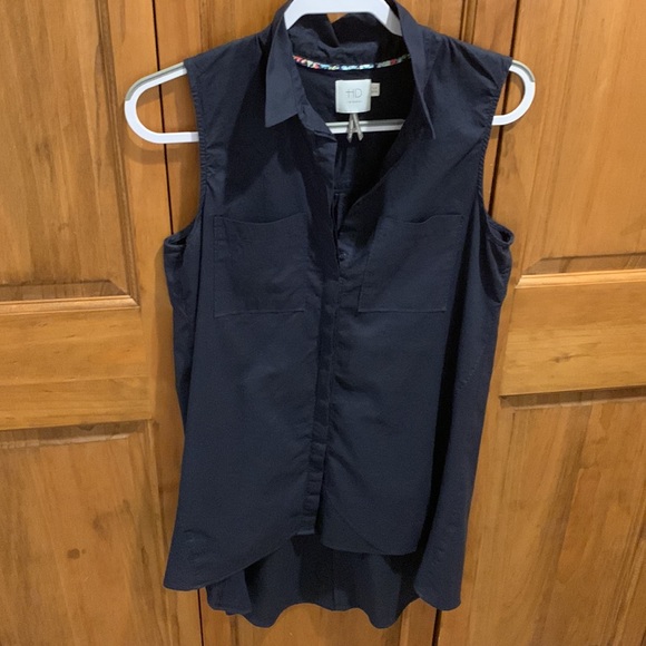 Anthropologie HD in Paris Navy Blue button down hi-low sleeveless tunic, size 8 - Picture 4 of 10